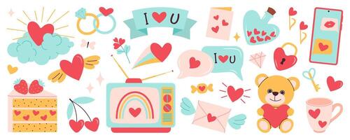 Valentines day elements set. TV, rings, heart, cake, bear, envelope, dessert, phone, cloud, candy and others decorations. Cartoon style wedding and love concept perfect for stickers, greeting cards. vector