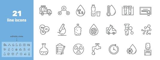 Purified water delivery line icons set. Molecule, freezing point, bacterial, heavy metals, tap, clean, drop, faucet, hot, drink, illustration. Editable stroke. vector