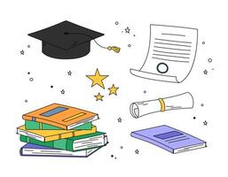 graduación garabatear elementos colocar. ilustraciones de aislado cuadrado académico gorra, birrete, diploma, libros pila y estrellas. vistoso contorno símbolos de alto escuela, colega, academia graduación vector