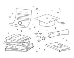Graduation doodles set. Illustrations of isolated square academic cap, mortarboard, diploma, books pile and stars. High school, college, academy graduation symbols black outline. vector