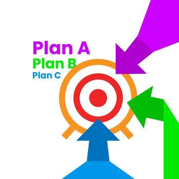 different plans A B C to achieve one goal. several arrows pointed at Bullseye concept illustration flat design. simple modern graphic element for banner, infographic, icon vector