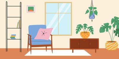 Living room interior with window and macrame plant. illustration. vector