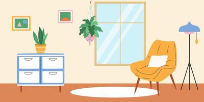 Living room interior design with window and macrame plant. illustration. vector