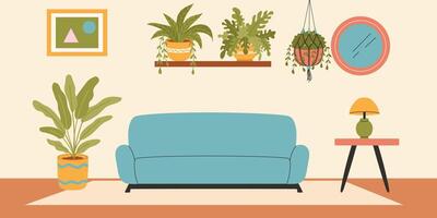 Living room with furniture and macrame plant. illustration. vector