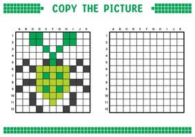 Copy the picture, complete the grid image. Educational worksheets drawing with squares, coloring cell areas. Children's preschool activities. Cartoon, pixel art. Green ladybug illustration. vector
