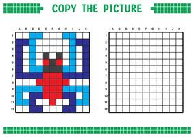 Copy the picture, complete the grid image. Educational worksheets drawing with squares, coloring cell areas. Children's preschool activities. Cartoon, pixel art. Illustration of tarantula. vector