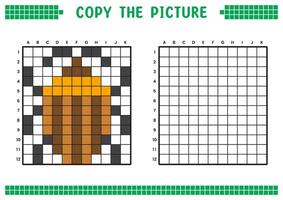 Copy the picture, complete the grid image. Educational worksheets drawing with squares, coloring cell areas. Children's preschool activities. Cartoon, pixel art. Brown ladybug illustration. vector