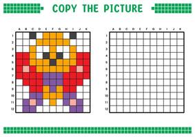 Copy the picture, complete the grid image. Educational worksheets drawing with squares, coloring cell areas. Children's preschool activities. Cartoon, pixel art. Moth character illustration. vector