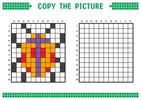 Copy the picture, complete the grid image. Educational worksheets drawing with squares, coloring cell areas. Children's preschool activities. Cartoon, pixel art. Orange ladybug illustration. vector