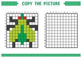 Copy the picture, complete the grid image. Educational worksheets drawing with squares, coloring cell areas. Children's preschool activities. Cartoon, pixel art. Green fly illustration. vector