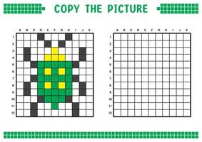 Copy the picture, complete the grid image. Educational worksheets drawing with squares, coloring cell areas. Children's preschool activities. Cartoon, pixel art. Green insect illustration. vector