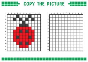 Copy the picture, complete the grid image. Educational worksheets drawing with squares, coloring cell areas. Children's preschool activities. Cartoon, pixel art. Red ladybug illustration. vector
