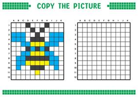 Copy the picture, complete the grid image. Educational worksheets drawing with squares, coloring cell areas. Children's preschool activities. Cartoon, pixel art. Honey bee illustration. vector