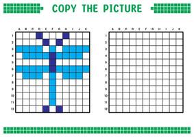 Copy the picture, complete the grid image. Educational worksheets drawing with squares, coloring cell areas. Children's preschool activities. Cartoon, pixel art. Blue dragonfly illustration. vector