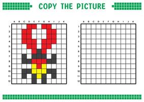 Copy the picture, complete the grid image. Educational worksheets drawing with squares, coloring cell areas. Children's preschool activities. Cartoon, pixel art. Red claw beetle illustration. vector