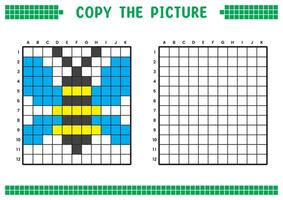 Copy the picture, complete the grid image. Educational worksheets drawing with squares, coloring cell areas. Children's preschool activities. Cartoon, pixel art. Honey bee illustration. vector