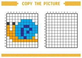 Copy the picture, complete the grid image. Educational worksheets drawing with squares, coloring cell areas. Children's preschool activities. Cartoon, pixel art. Snail illustration. vector