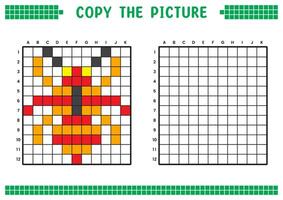 Copy the picture, complete the grid image. Educational worksheets drawing with squares, coloring cell areas. Children's preschool activities. Cartoon, pixel art. Ant illustration. vector