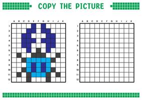 Copy the picture, complete the grid image. Educational worksheets drawing with squares, coloring cell areas. Children's preschool activities. Cartoon, pixel art. Claw beetle illustration. vector