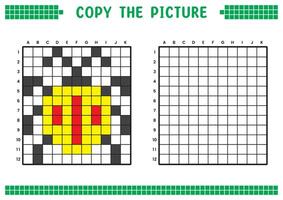 Copy the picture, complete the grid image. Educational worksheets drawing with squares, coloring cell areas. Children's preschool activities. Cartoon, pixel art. Yellow ladybug illustration. vector