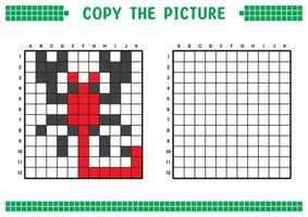Copy the picture, complete the grid image. Educational worksheets drawing with squares, coloring cell areas. Children's preschool activities. Cartoon, pixel art. Scorpion illustration. vector