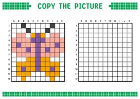Copy the picture, complete the grid image. Educational worksheets drawing with squares, coloring areas. Children's preschool activities. Cartoon, pixel art. Colorful butterfly illustration. vector