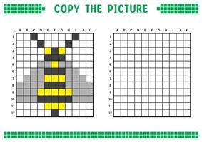 Copy the picture, complete the grid image. Educational worksheets drawing with squares, coloring cell areas. Children's preschool activities. Cartoon, pixel art. Honey bee illustration. vector