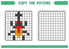 Copy the picture, complete the grid image. Educational worksheets drawing with squares, coloring cell areas. Children's preschool activities. Cartoon, pixel art. Horned beetle illustration. vector