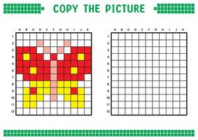 Copy the picture, complete the grid image. Educational worksheets drawing with squares, coloring cell areas. Children's preschool activities. Cartoon, pixel art. Butterfly illustration. vector