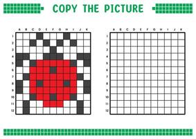 Copy the picture, complete the grid image. Educational worksheets drawing with squares, coloring cell areas. Children's preschool activities. Cartoon, pixel art. Red ladybug illustration. vector