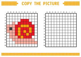 Copy the picture, complete the grid image. Educational worksheets drawing with squares, coloring cell areas. Children's preschool activities. Cartoon, pixel art. Snail illustration. vector