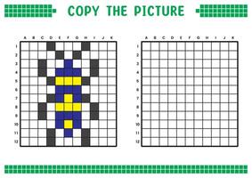 Copy the picture, complete the grid image. Educational worksheets drawing with squares, coloring areas. Children's preschool activities. Cartoon, pixel art. Yellow blue beetle illustration. vector