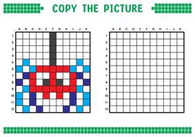 Copy the picture, complete the grid image. Educational worksheets drawing with squares, coloring cell areas. Children's preschool activities. Cartoon, pixel art. Spider illustration. vector