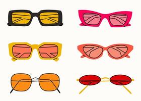 Set of various colorful sunglasses. Summer sunglasses, fashionable eyeglass frames. Various shapes and styles. Hand-drawn illustration in trendy colors. Isolated on white background vector