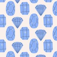Seamless pattern of blue jewels. Gemstones in hand drawn style. Crystals and amulets. Symbols collection of diamonds, brilliants, quartz, minerals, crystals and gems. Doodle illustration. vector