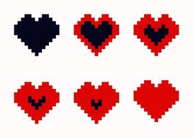 conjunto de negro y rojo corazones en píxel Arte estilo. píxel juego vida bar. corazón jugador salud signo. píxel icono, ilustración aislado en blanco antecedentes. 8 bits retro estilo símbolos vector