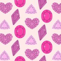 Seamless pattern of pink jewels. Gemstones in hand drawn style. Crystals and amulets. Symbols collection of diamonds, brilliants, quartz, minerals, crystals and gems. Doodle illustration. vector