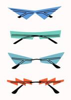 Set of various colorful sunglasses. Summer sunglasses, fashionable eyeglass frames. Various shapes and styles. Unusually thin eyeglasses. Isolated on white background. vector