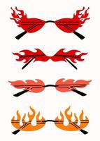 Set of various colorful sunglasses. Summer sunglasses, fashionable eyeglass frames. Various shapes and styles. Eyeglasses in the various shape of flames and fire. Isolated on white background. vector
