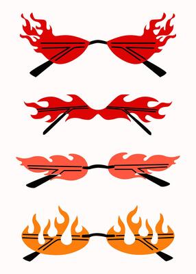 Set of various colorful sunglasses. Summer sunglasses, fashionable eyeglass frames. Various shapes and styles. Eyeglasses in the various shape of flames and fire. Isolated on white background.