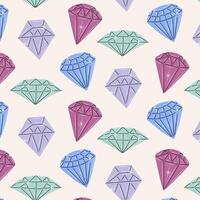 Seamless pattern of colorful jewels. Gemstones in hand drawn style. Symbols collection of diamonds, brilliants, quartz, minerals, crystals and gems. Doodle illustration. vector