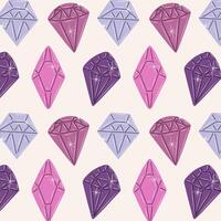 Seamless pattern of purple jewels. Gemstones in hand drawn style. Crystals and amulets. Symbols collection of diamonds, brilliants, quartz, minerals, crystals and gems. Doodle illustration. vector