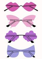 Set of various colorful sunglasses. Summer sunglasses, fashionable eyeglass frames. Various shapes and styles. Unusually shaped eyeglasses. Isolated on white background. Romantic cute design vector