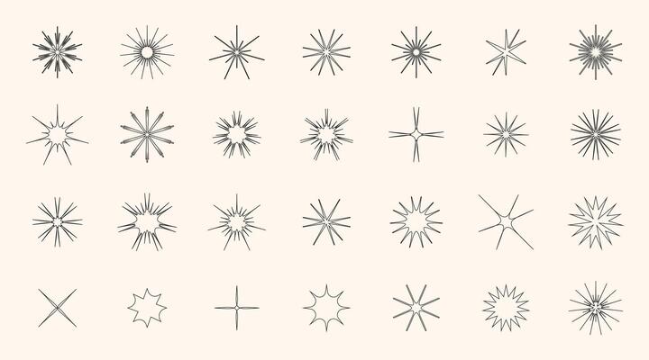 Set of line star shapes. Retro futuristic sparkle icons collection. Set of Y2K style. Magic symbols with shine effect. Modern abstract objects isolated on white background