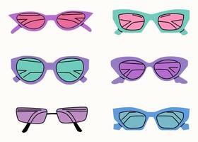Set of different purple sunglasses. Summer sunglasses, fashionable eyeglass frames. Various shapes and styles. Hand drawn illustration isolated on white. Women's beach accessories in a modern style. vector