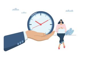 Effective time management by managers or bosses, Manage business schedules and working hours, A hand holding large watch is close to a female employee using a laptop to work. illustration. vector