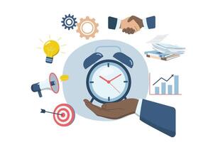 hora administración planificación concepto, corporativo calendario gestión, empresario planes organizado trabajo en cronograma, con grande alarma reloj. diseño ilustración. vector