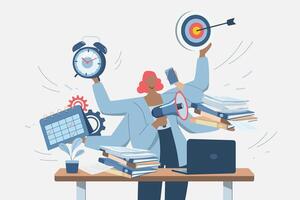 Multitasking and effective time management, Multitask concept, Business woman is busy doing many activities with many hands in a work suit, design illustration. vector