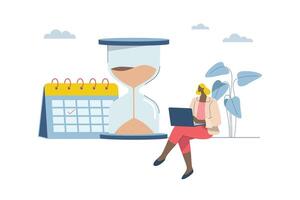 hora administración planificación concepto, corporativo calendario gestión, mujer de negocios planes organizado trabajo en cronograma, con grande reloj de arena. diseño ilustración. vector