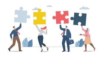 Business people work together to complete jigsaw puzzle in harmony. Effective teamwork, Problem solving, or ways to improve, career development concept, Symbol of teamwork, design illustration. vector